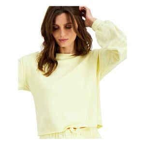NWT INC Womens Yellow Rhinestone Crewneck Long Sleeve Cropped Sweatshirt XS